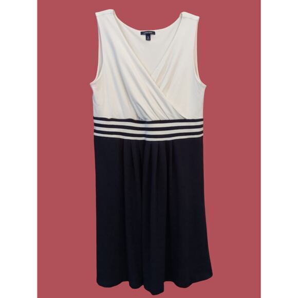 LANDS' END Dress Size LG Surplice Pleats Stretchy Knit Cream Black Striped Waist - Picture 1 of 7